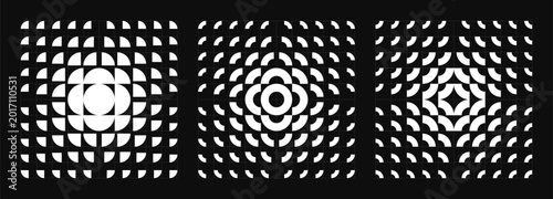 Set of three monochrome abstract patterns featuring dynamic geometric shapes. Transition blend effect from bold to thin creating optical illusions and visual movement. Modern shapes in retro aesthetic