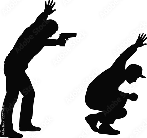 Fotografie Silhouette armed man threatening crouching victim, gun violence crime concept, d