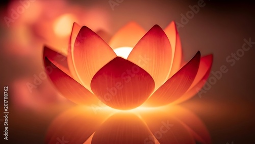 A serene lotus flower with delicate pink petals glows softly, illuminated from within, creating a warm and peaceful ambiance.