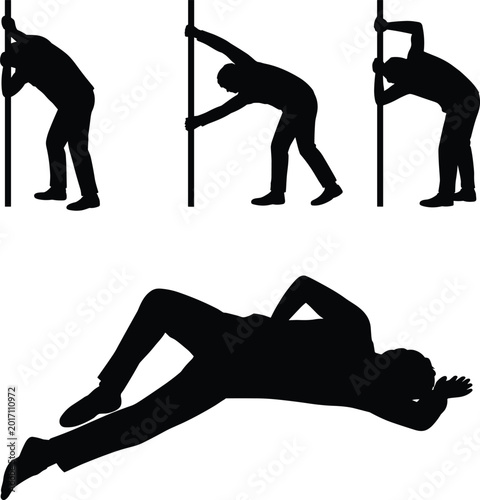 Canvas Print Man holding pole and lying on ground in various poses in pitch black solid silho