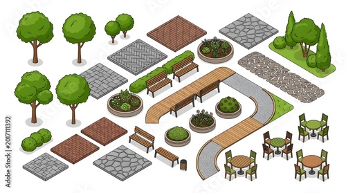 Isometric landscape architecture collection for garden and park outdoor planning.