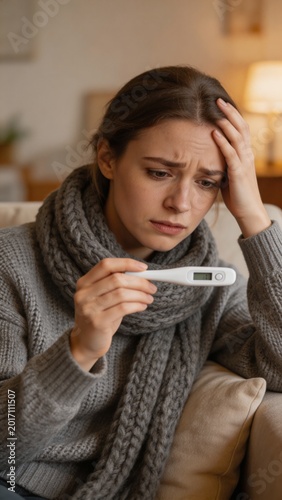 A woman with a scarf around her neck looks concerned while holding a thermometer and touching her forehead in a cozy living room, possibly feeling unwell with a fever or flu.
