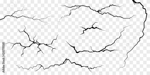 Surface fissures and cracks in ground, concrete, crevices from disaster top view. Breaks on land surface from earthquake isolated on white background. Broken ground, wall, glass pattern effect. Damage