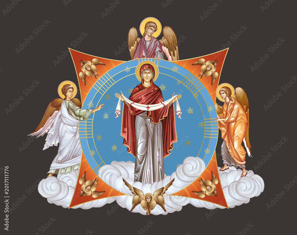 Fototapeta premium Intercession of the Theotokos. Illustration in Byzantine style with angels and seraphim