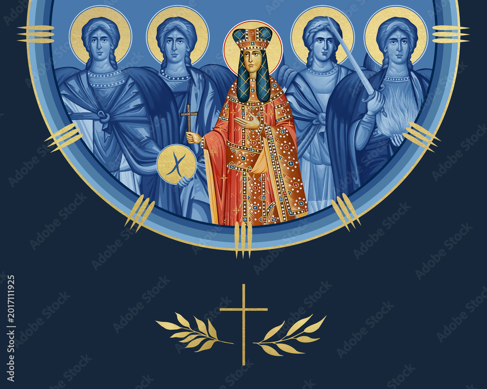 Fototapeta premium Saint Helena (Ana-Neda) and four cardinal points (Archangel Gabriel, Uriel, Raphael and Michael). Illustration in Byzantine style isolated