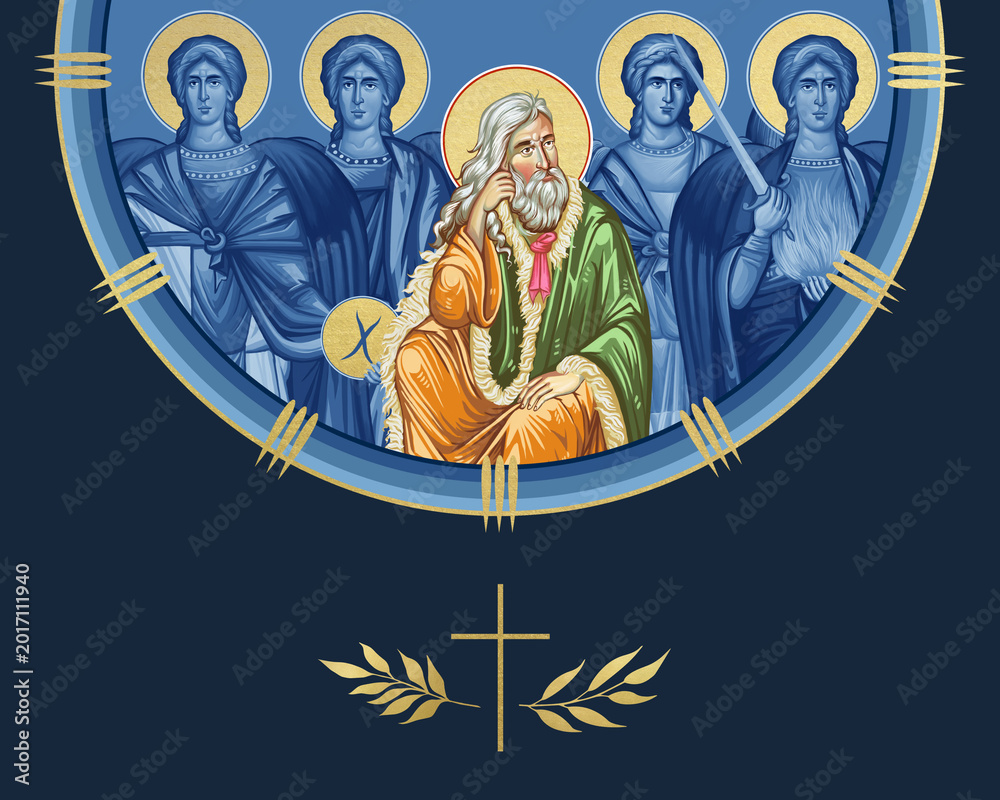 Fototapeta premium The Prophet Saint Elijah and four cardinal points (Archangel Gabriel, Uriel, Raphael and Michael). Illustration in Byzantine style isolated