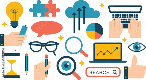 Comprehensive business and technology vector icon set featuring lightbulb ideas cloud computing data analytics searching tools and creative teamwork elements for corporate strategy marketing and digit