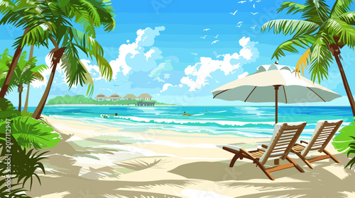 Tableau sur toile Tropical Beach Scene with Palm Trees, Sun Umbrella, and Loungers under a Clear B