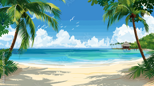 Vászonkép Tropical Beach Scene with Palm Trees and Calm Ocean Under Bright Blue Sky