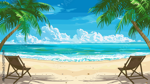 Foto Tropical Beach Scene with Palm Trees and Beach Chairs Overlooking Turquoise Ocea