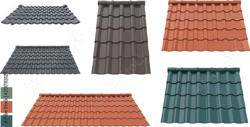 Professional roof tile vector set featuring various corrugated patterns in terracotta charcoal grey and green colors for residential house construction architecture and building material supplier cata