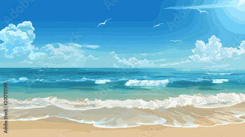 Tableau sur toile Vast Expanse of Blue Ocean and Clear Sky with Gentle Waves Lapping on Sandy Beac