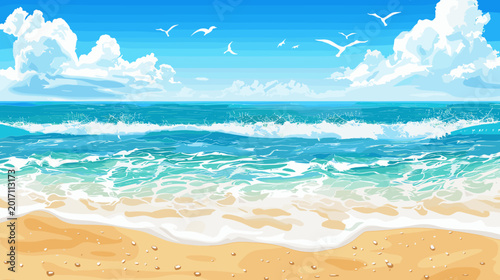 Tableau sur toile Vibrant Beach Scene with Gentle Waves and Clear Blue Sky at a Tropical Oceanfron