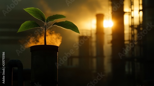Environmental action growing sustainability amidst industrial backdrop urban setting photography dusk viewpoint concept of hope