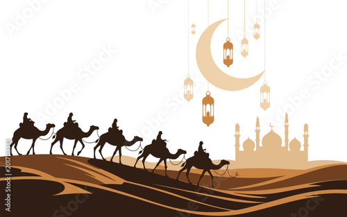 Bilde på lerret Desert caravan at dusk with crescent moon and mosque silhouette middle east sand