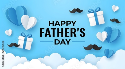 Happy fathers day greeting card with hearts gifts and mustaches blue.