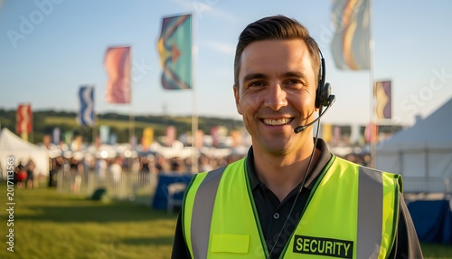 Friendly male security guard smiling at the Glastonbury Festival in a high-visibility vest for event safety and professional security service concept during golden hour