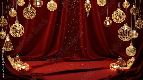 Festive red velvet stage background with hanging golden christmas ornaments and sparkling glitter lights