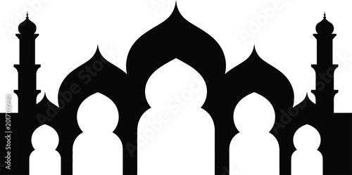 Silhouette of monumental islamic architecture with domes black and white ornate window pointed arch trefoil arch architecture silhouette building monument traditional historical