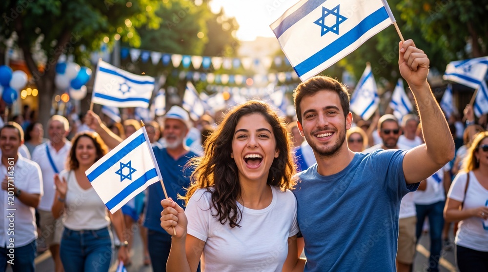 Obraz premium Joyful young woman and man waving Israeli flags amid cheering crowd. Israel independence day parade celebration. National pride unity and festive street gathering in sunny evening light
