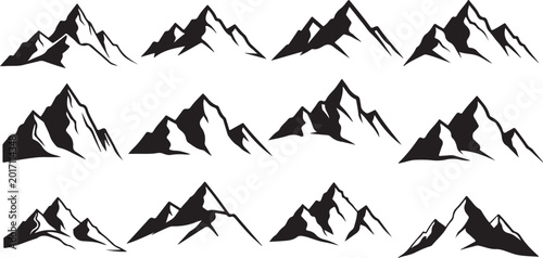 Black and white mountain range silhouette illustrations set