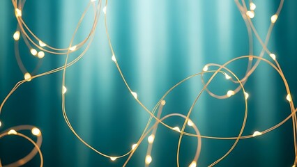 Abstract background with glowing golden fairy lights on a teal curtain backdrop