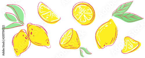 Bild auf Leinwand Artistic hand drawn lemon collection featuring whole fruit, slices, and leaves in a whimsical sketchy style, perfect for zesty kitchen branding and citrus stickers