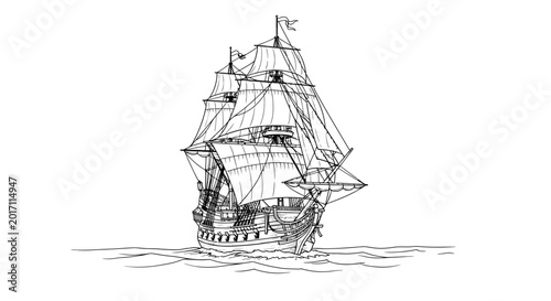 Tableau sur toile Detailed sketch of a majestic sailing ship on a calm sea