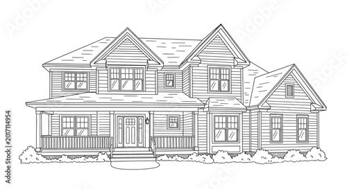 Tableau sur toile Detailed sketch of a classic victorian house with gabled roofs and porch