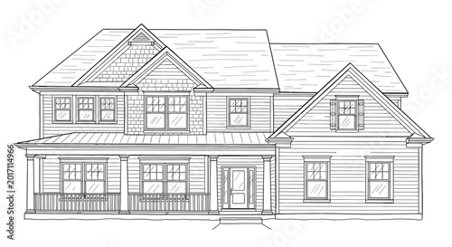 Bild auf Leinwand Detailed line drawing of a classic two story family home with gabled roofs