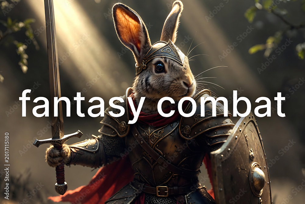 Fototapeta premium A rabbit warrior in full medieval armor wielding a sword, engaged in fantasy combat.