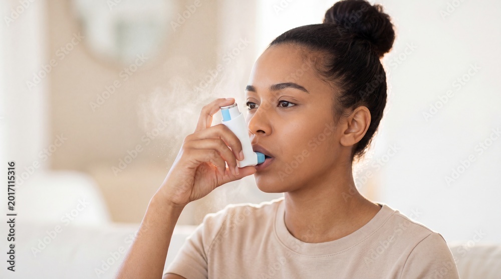 Fototapeta premium African American woman using inhaler for asthma relief. Female inhaling medication mist at home. Respiratory health treatment and allergy management concept