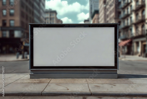 A blank billboard stands on a city street corner. It's a daytime scene in an urban area with buildings and people visible in the background.