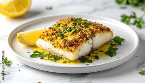 Baked cod fish fillet with herb breadcrumb crust and lemon garnish on white plate