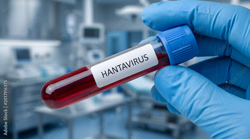Naklejka premium Gloved laboratory hand holding a blood sample labeled hantavirus in a clinical testing environment for infectious disease research