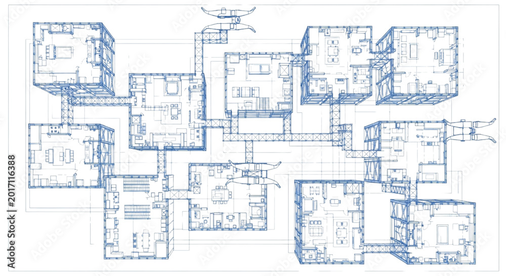 Fototapeta premium Blueprint Illustration of Modular Robotics Laboratory and Research Facility, Technical Top View Floor Plan of Interconnected Science Hubs with Blue Outlines