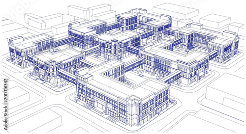 Architectural Blueprint of Modern Commercial Retail Complex and Urban Business District, Perspective Wireframe Illustration of City Shopping Mall with Skywalks