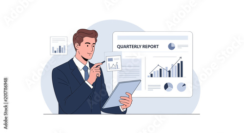 Businessman analyzing quarterly report with tablet and charts