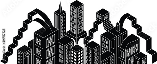 City buildings with 2 stairways connecting skyscrapers in an isometric black vector design