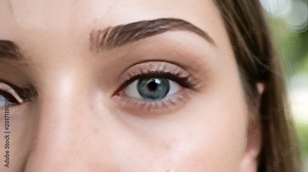 Fototapeta premium Close-up of a human eye with detailed eyelashes and eyebrows, beauty concept