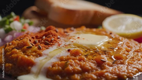 Spicy pav bhaji served with buttery buns and lemon, close-up macro shot with a warm, inviting mood.