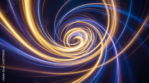 Foto Luminous abstract 3D render showcasing a concentric spiraling vortex with purple, blue, and golden light trails