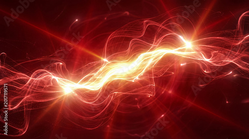 Bild auf Leinwand Bright abstract glowing energy wave with swirling light particles and powerful bursts on a deep red background