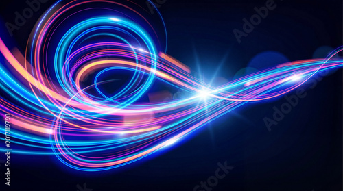 Bild auf Leinwand Dynamic abstract light trails with a bright central glow in vibrant blue, purple, and orange, symbolizing speed