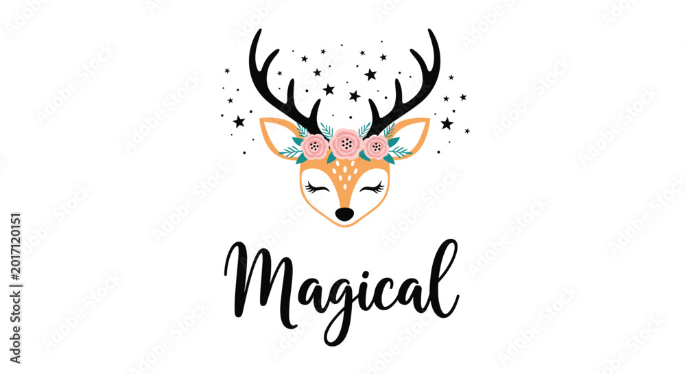 Obraz premium Cute illustrated baby deer head with a floral crown and stars above features the whimsical word magical below.