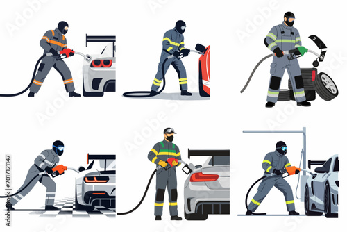 Obraz na płótnie Vector illustration collection of pit stop crew members refueling high-performance racing cars in a flat design style