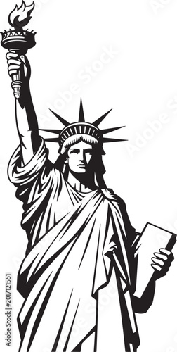 Statue of Liberty with torch and tablet with New York on white background in outline style patriotic