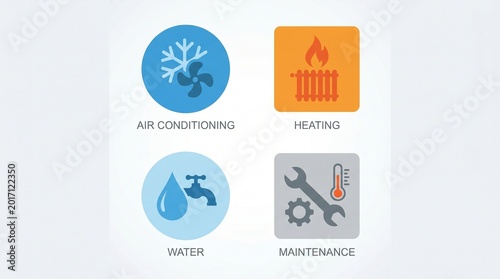 Silhouette icons of essential building systems: air conditioning, heating, water supply, maintenance tools, representing climate control, plumbing, and upkeep services.