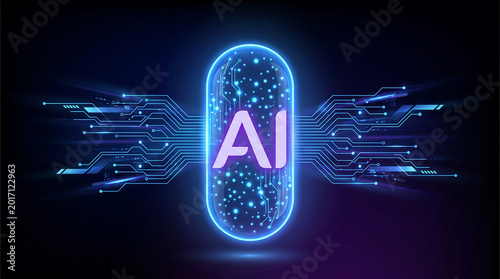 Futuristic artificial intelligence digital pill with glowing circuit board lines on dark blue background innovation