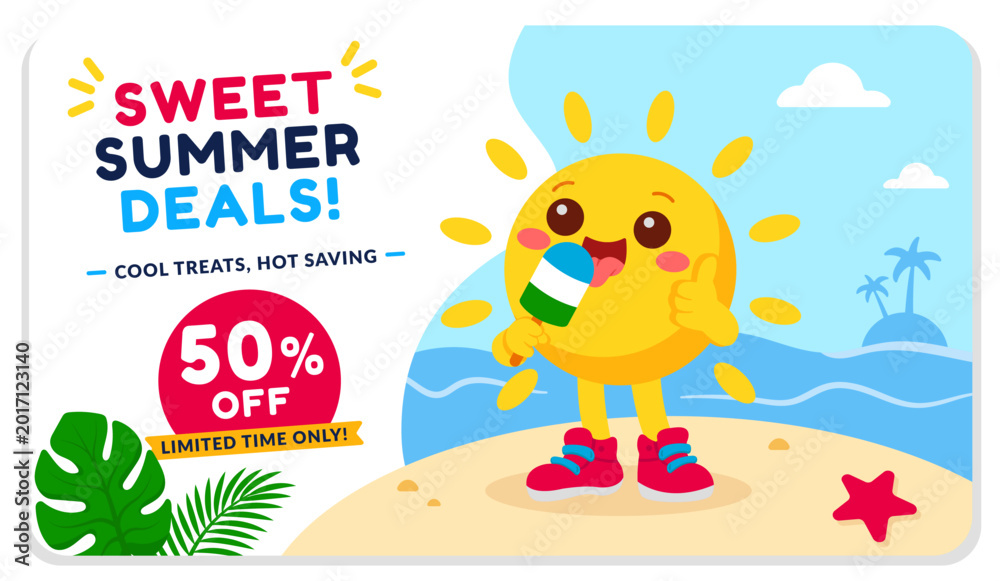 Fototapeta premium Summer sale web banner with cute sun character holding a popsicle on the beach. Special offer background for seasonal discounts. Flat vector illustration
